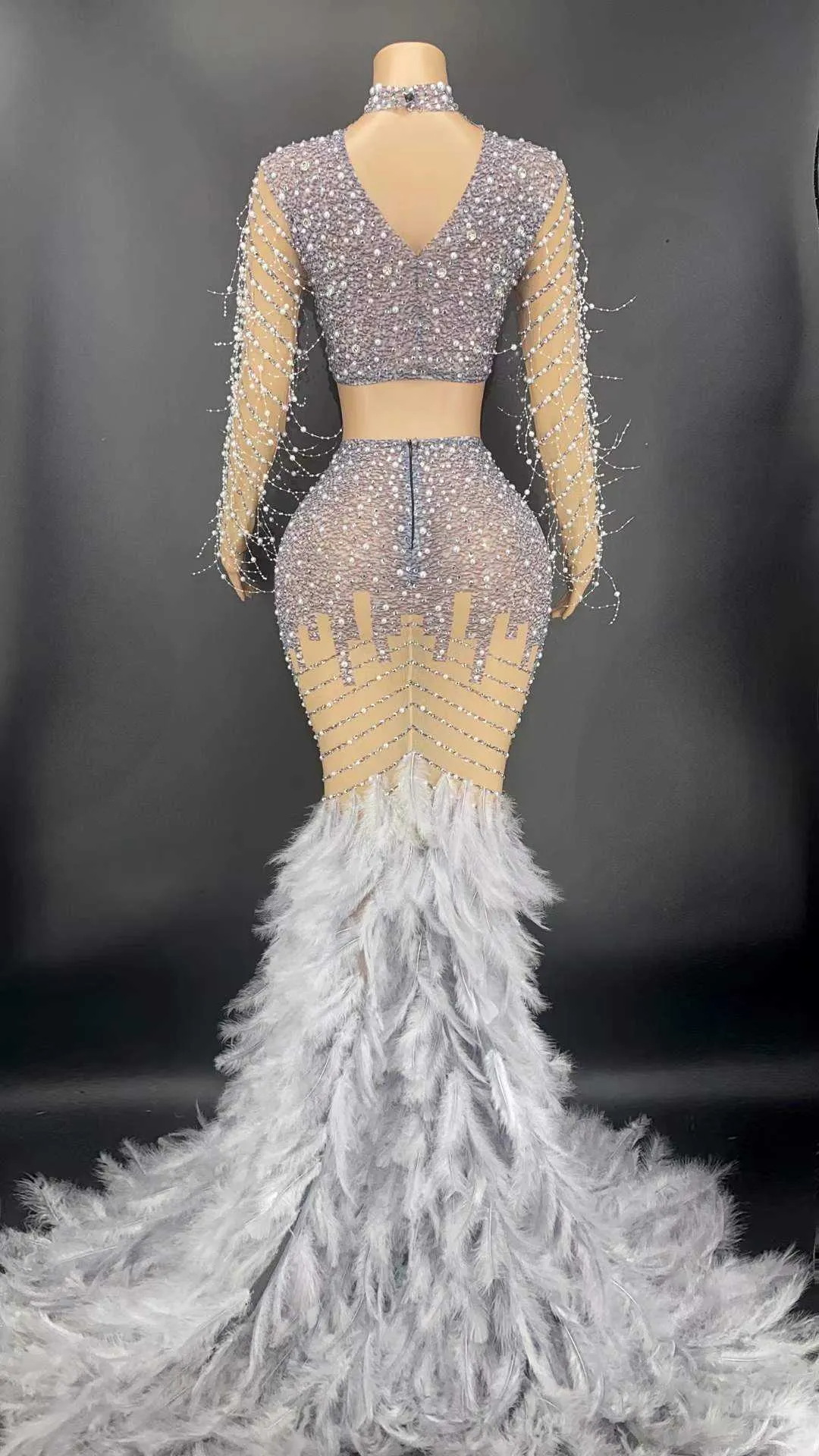 Turtleneck Long Rhinestone Two Piece Dress