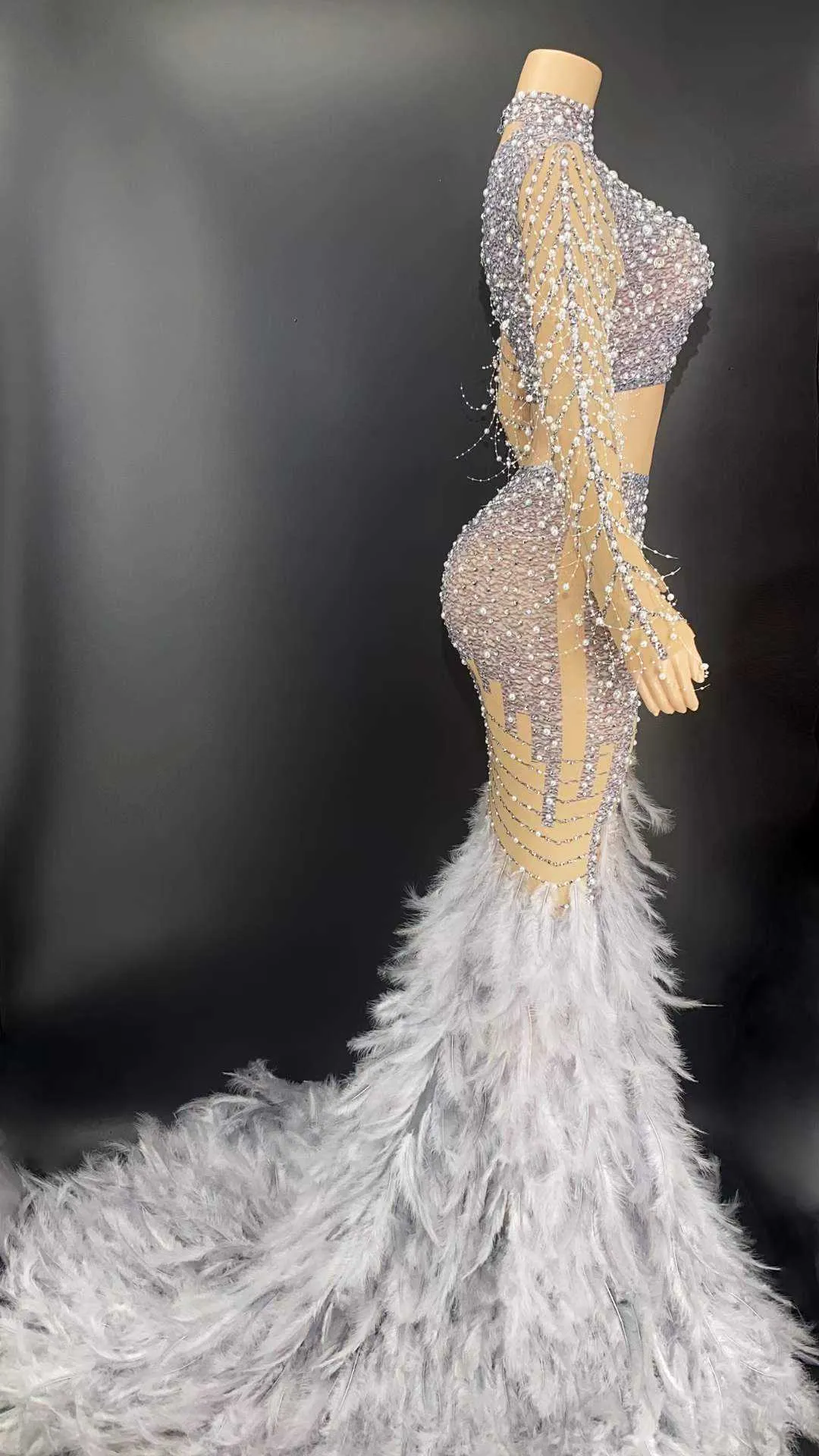 Turtleneck Long Rhinestone Two Piece Dress