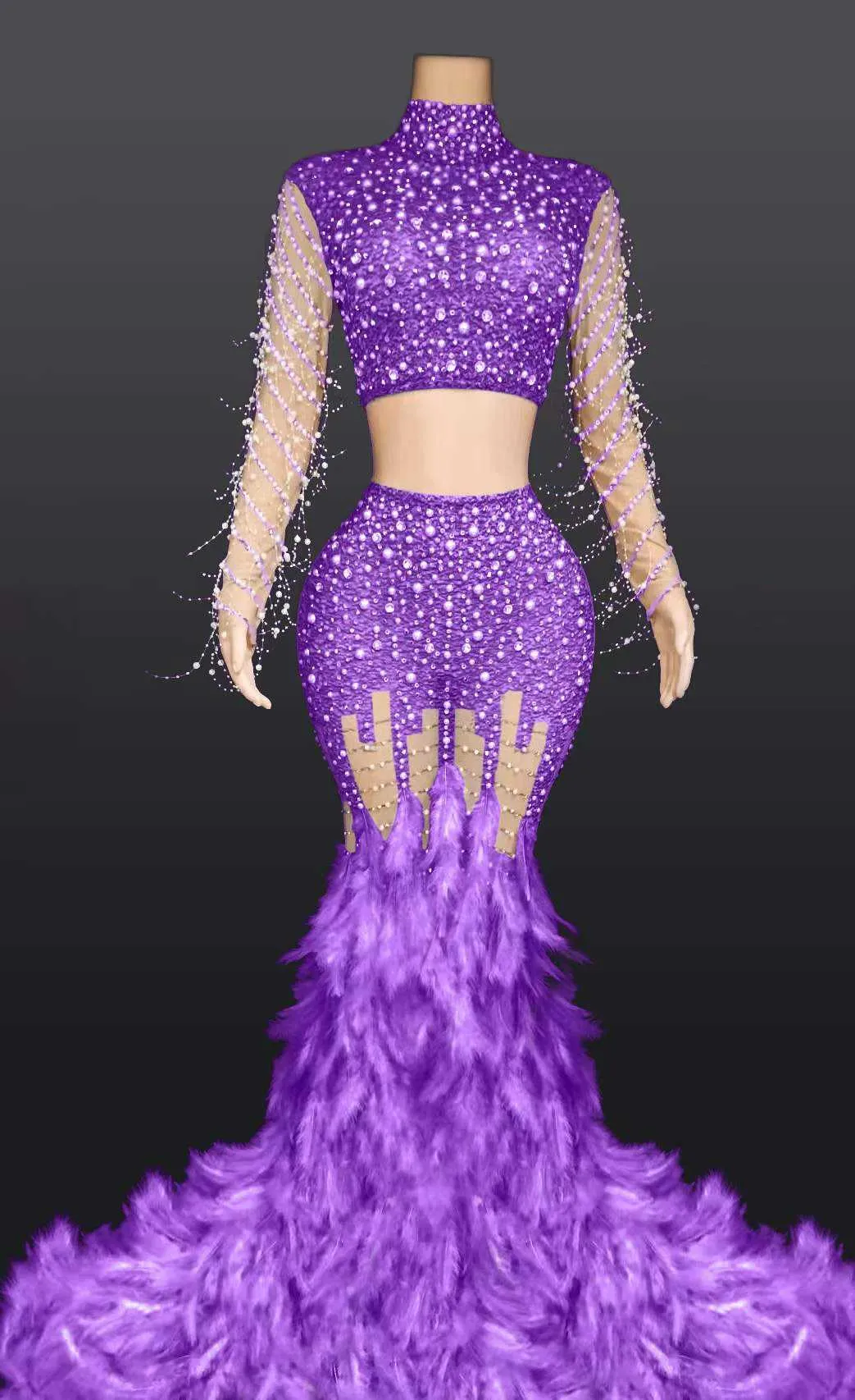 Turtleneck Long Rhinestone Two Piece Dress