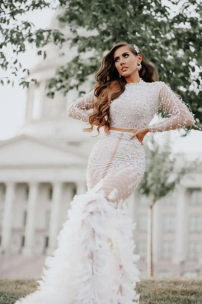 Turtleneck Long Rhinestone Two Piece Dress