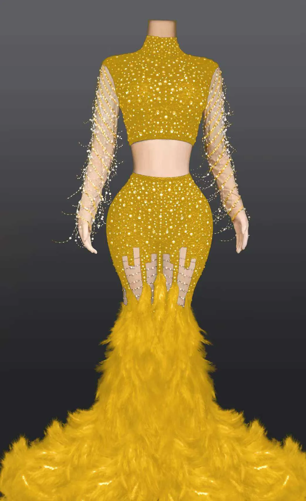 Turtleneck Long Rhinestone Two Piece Dress