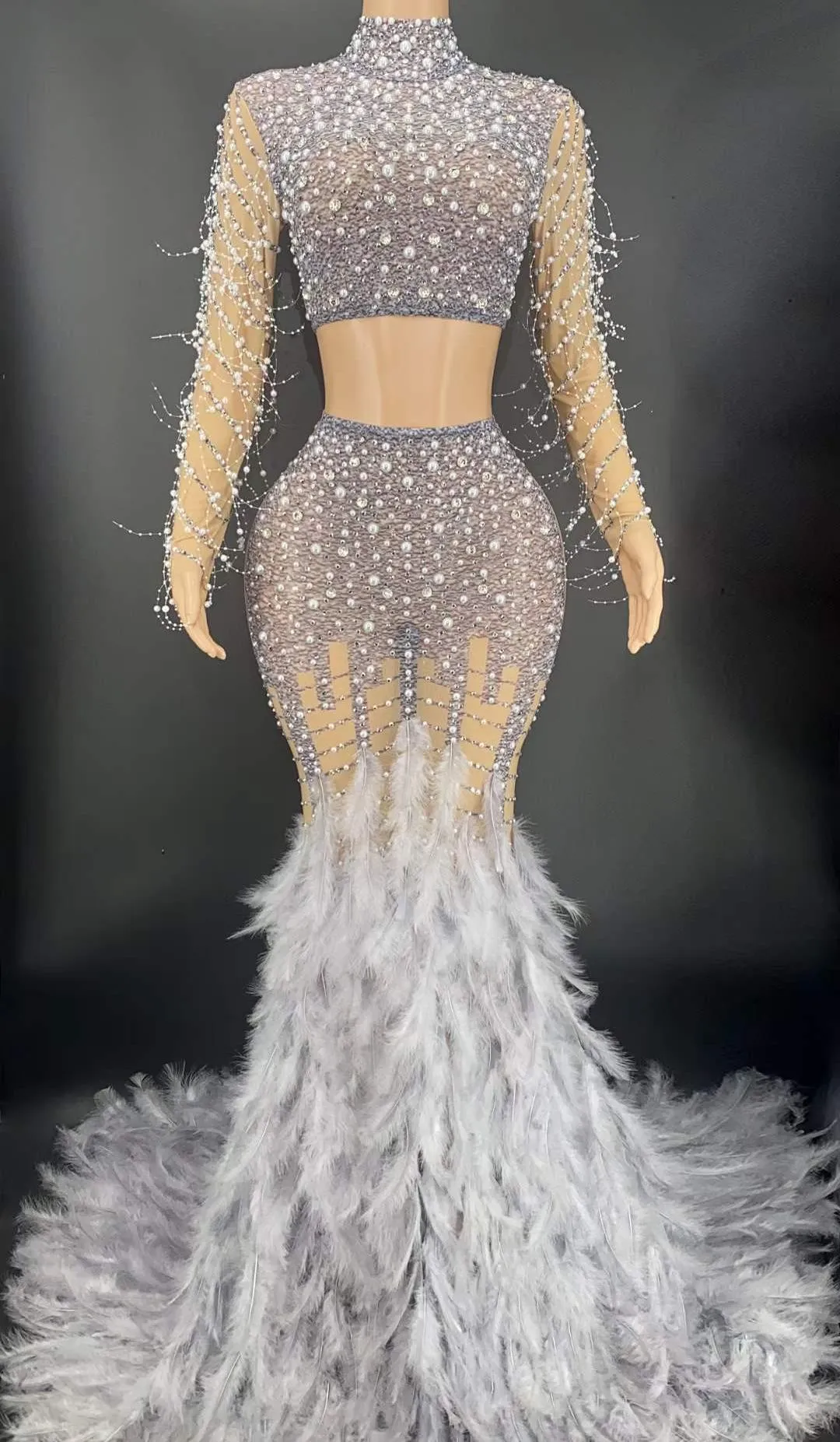 Turtleneck Long Rhinestone Two Piece Dress