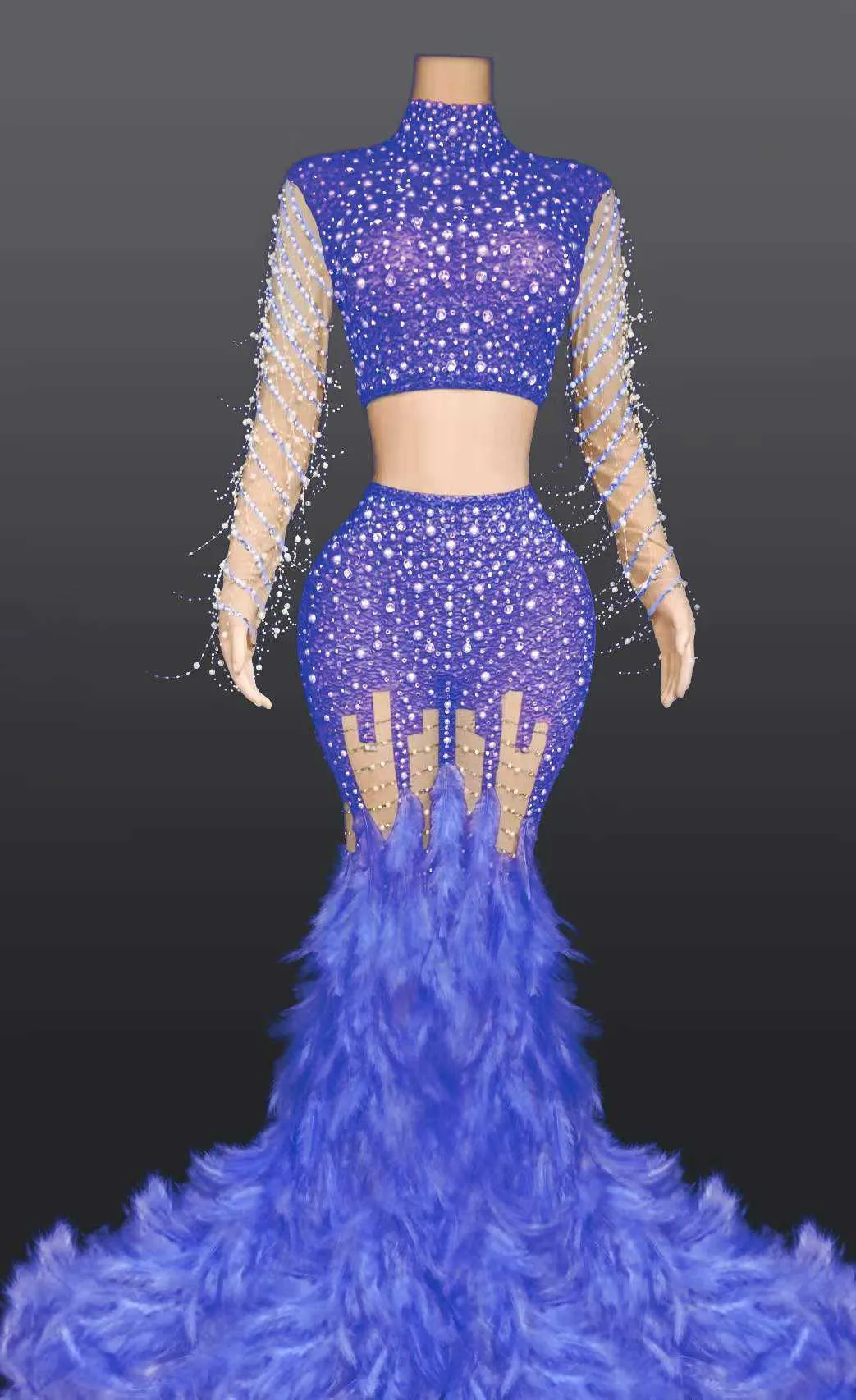 Turtleneck Long Rhinestone Two Piece Dress