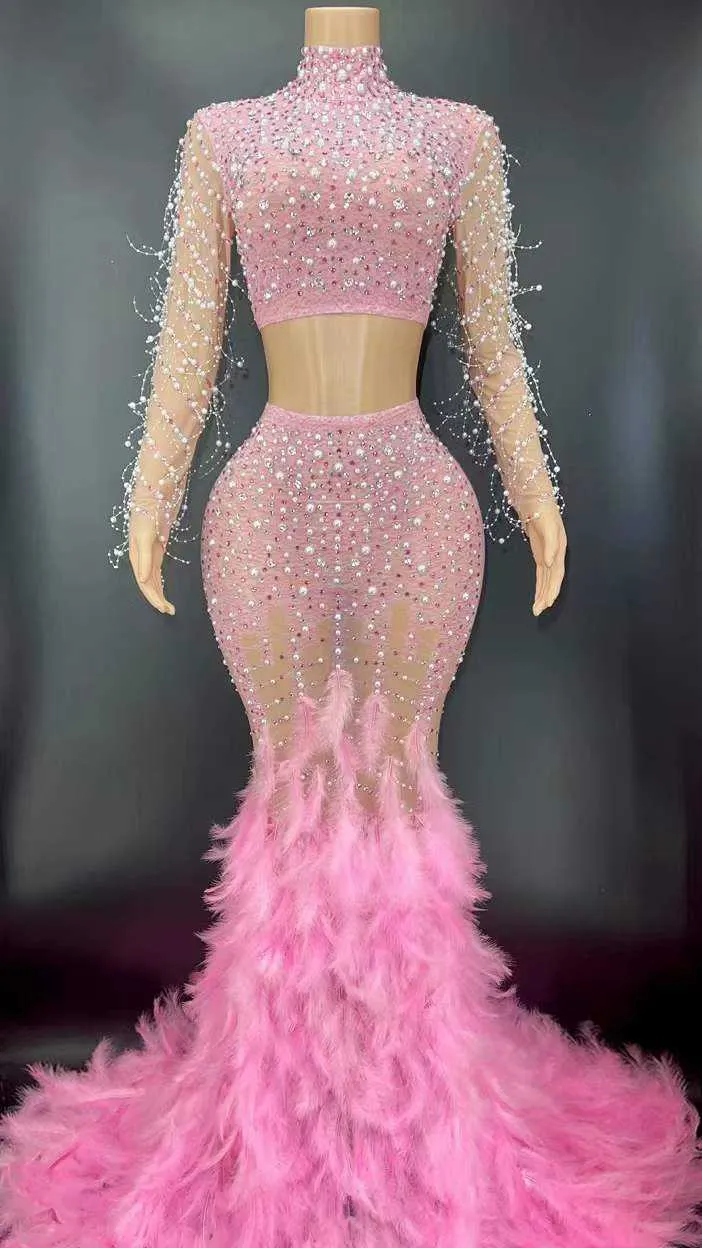 Turtleneck Long Rhinestone Two Piece Dress
