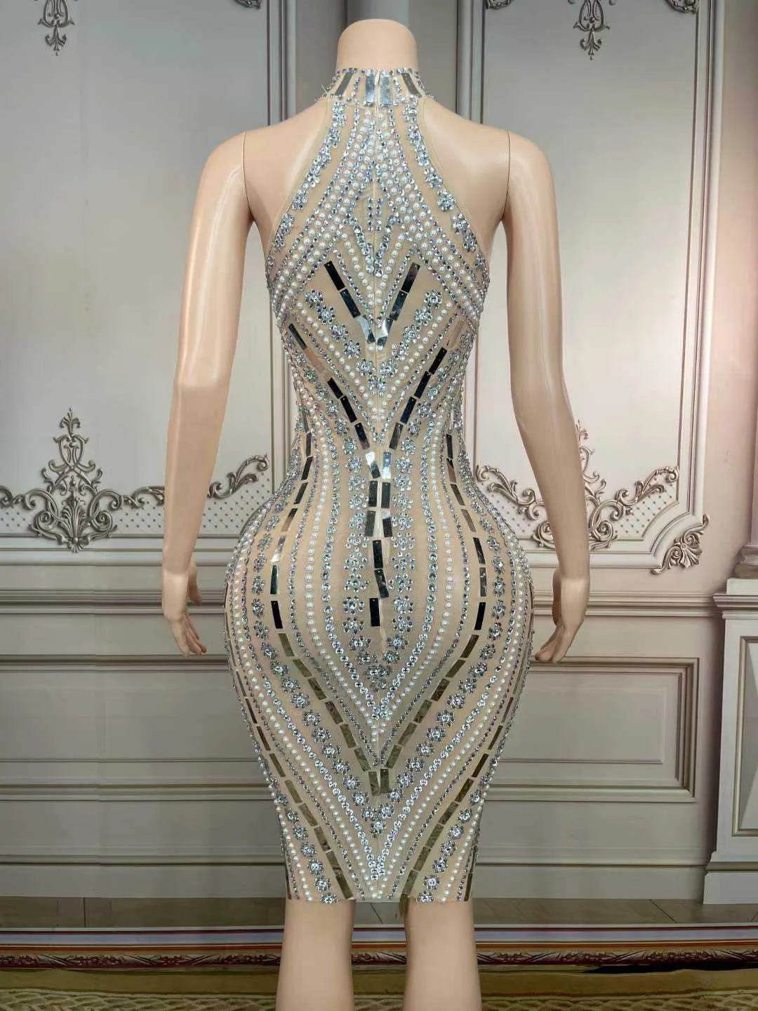Turtleneck Sleeveless Pearls Applique Rhinestone Dress