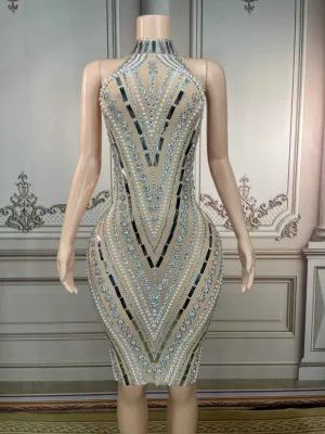 Turtleneck Sleeveless Pearls Applique Rhinestone Dress