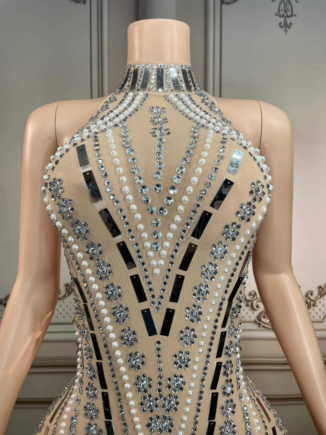 Turtleneck Sleeveless Pearls Applique Rhinestone Dress