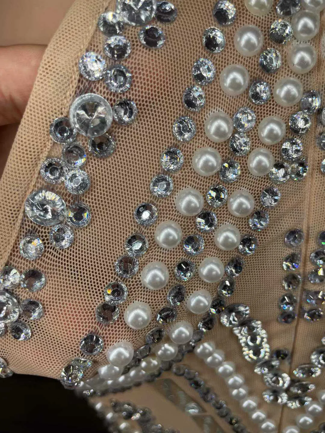 Turtleneck Sleeveless Pearls Applique Rhinestone Dress