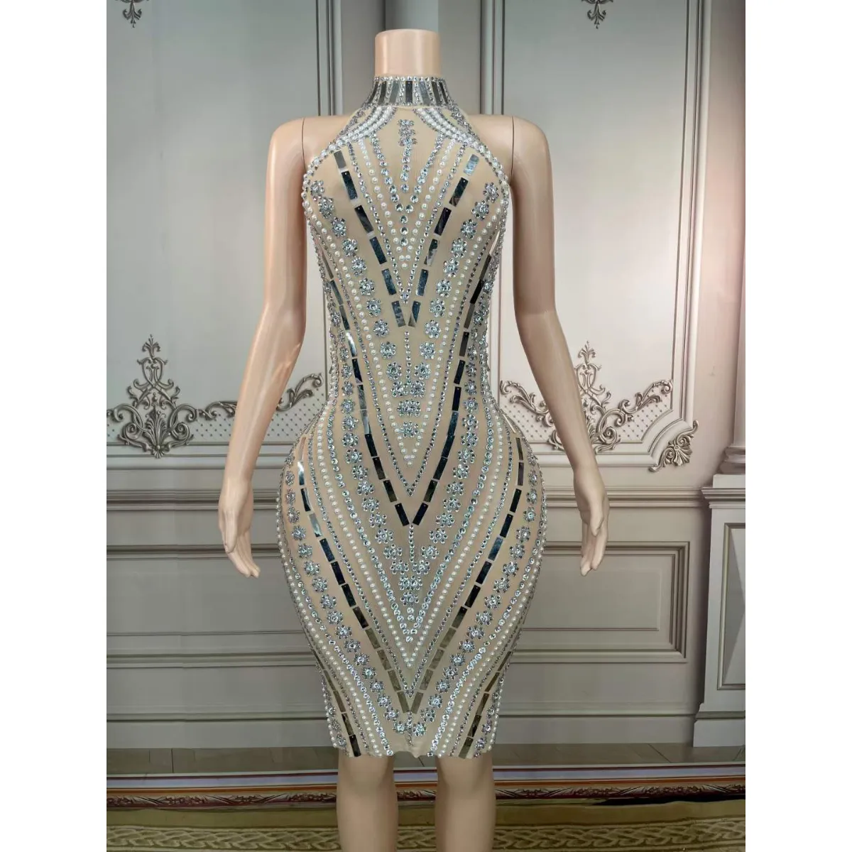 Turtleneck Sleeveless Pearls Applique Rhinestone Dress