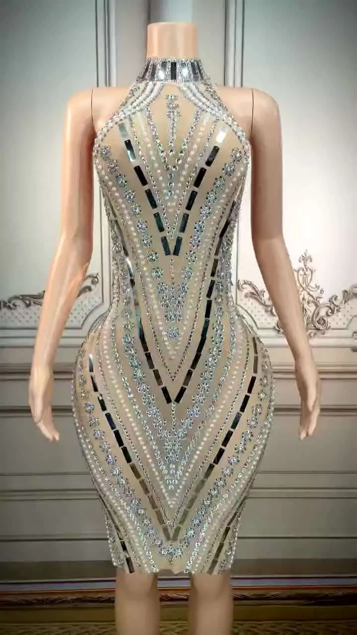 Turtleneck Sleeveless Pearls Applique Rhinestone Dress