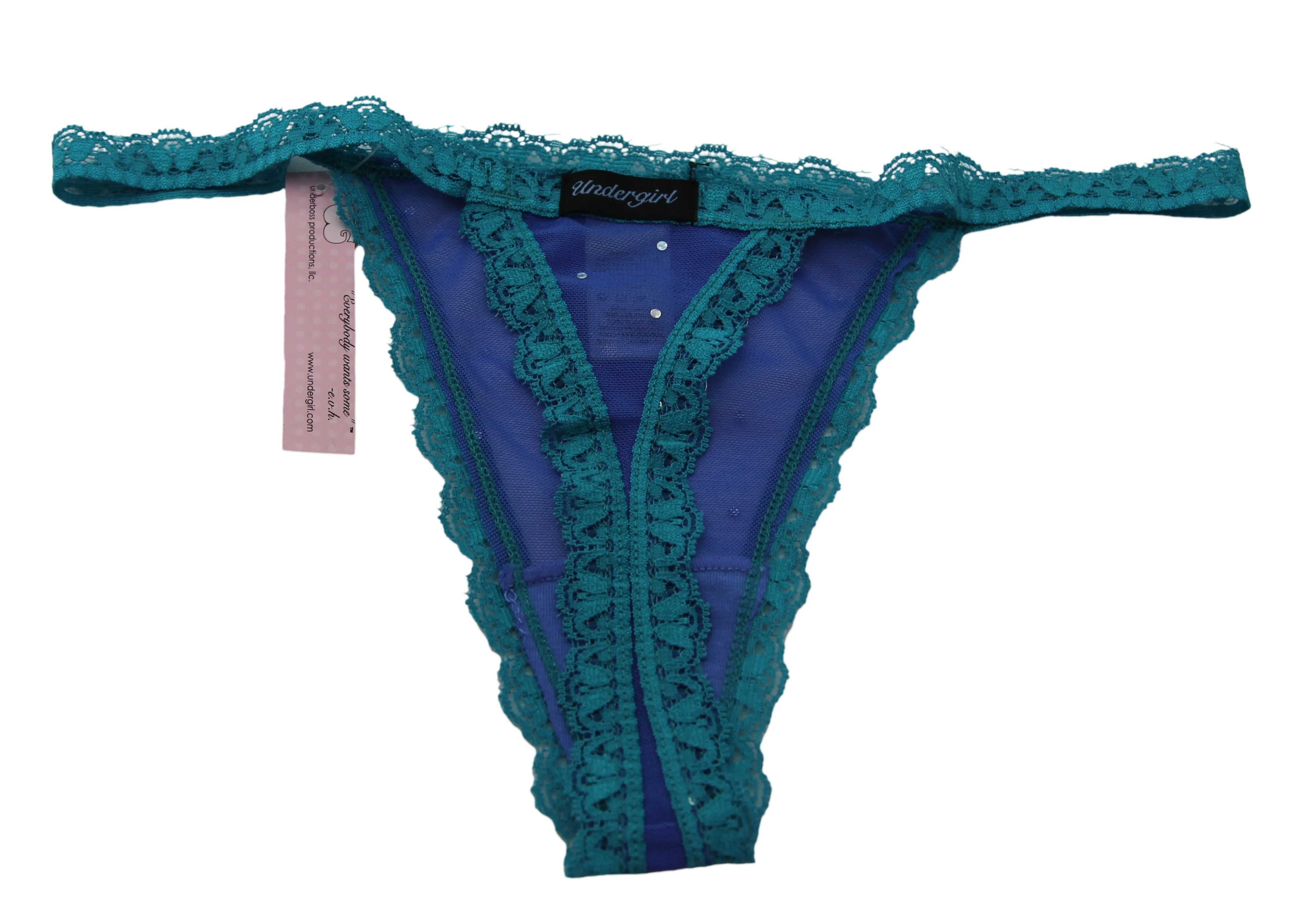 UNDERGIRL Women's Blue / Teal Sheer Rhinestone Lace Thong Panties Sz M NWT