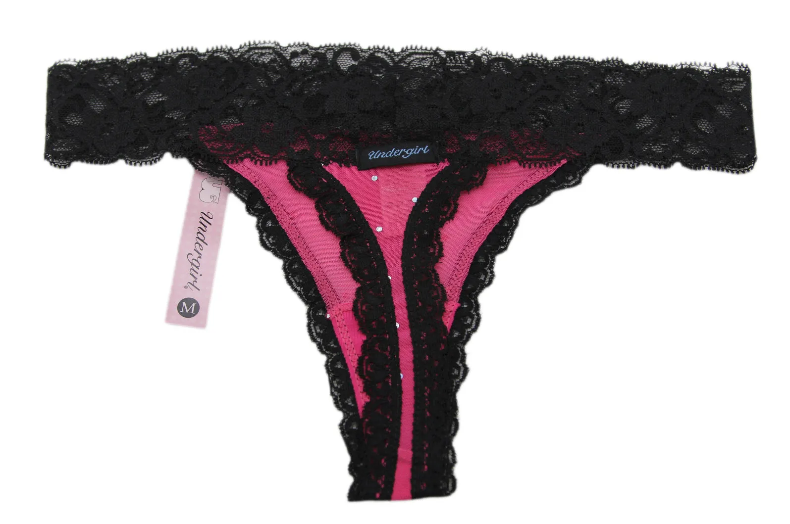 UNDERGIRL Women's Pink / Black Sheer Rhinestone Thick Lace Thong Panties Sz S