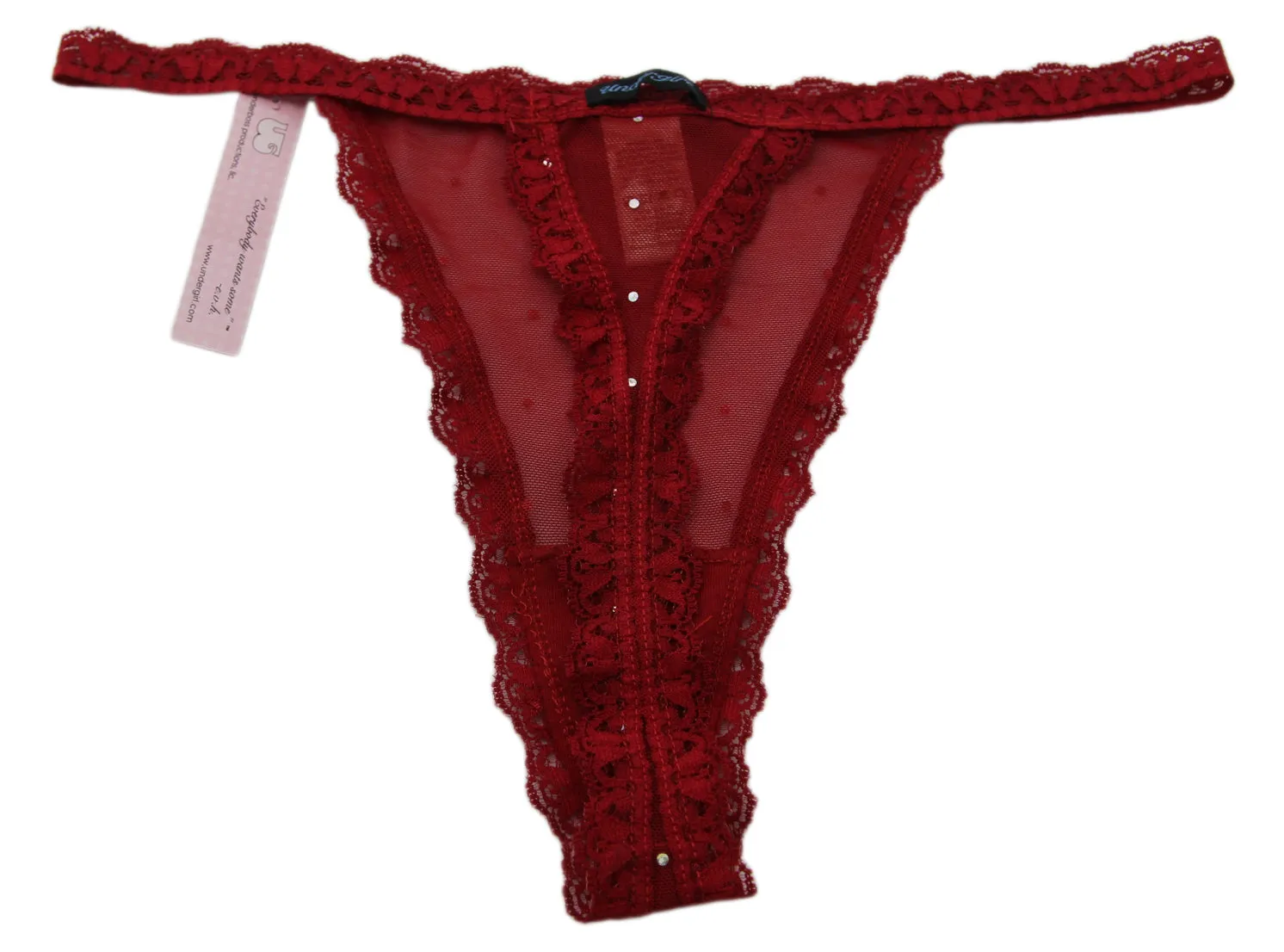 UNDERGIRL Women's Red Sheer Rhinestone Lace Thong Panties Sz S NWT