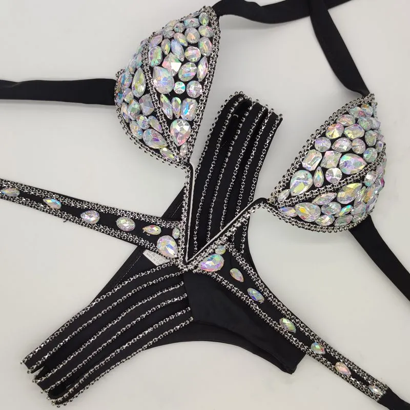 V collar rhinestone swimwear