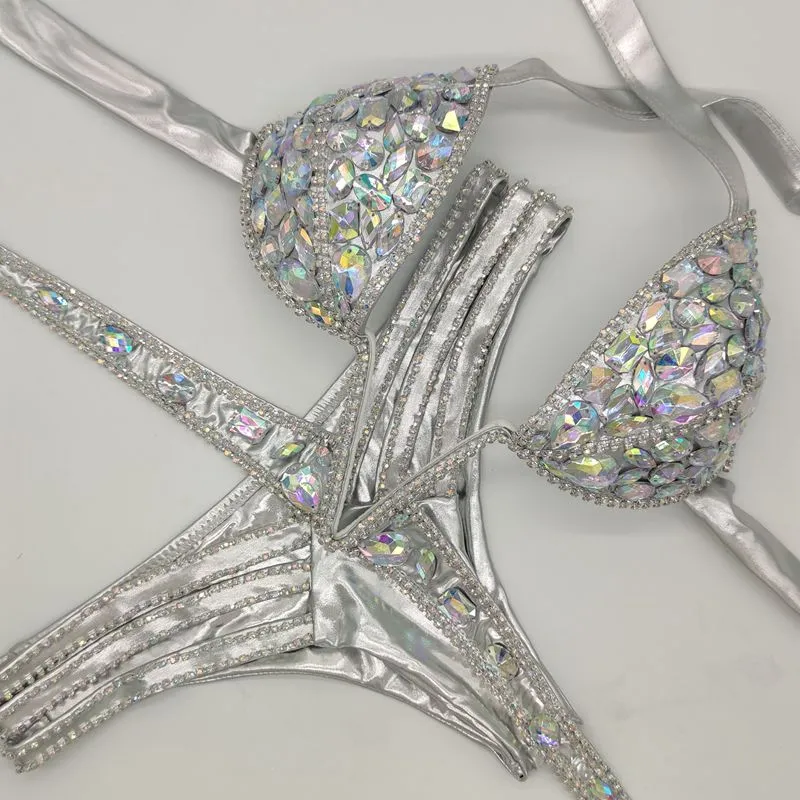 V collar rhinestone swimwear