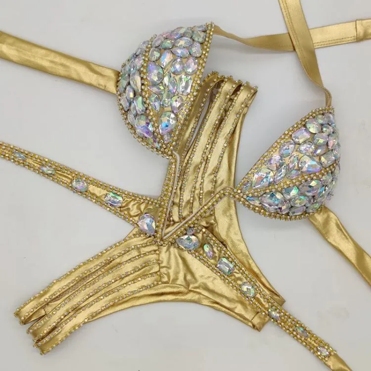 V collar rhinestone swimwear