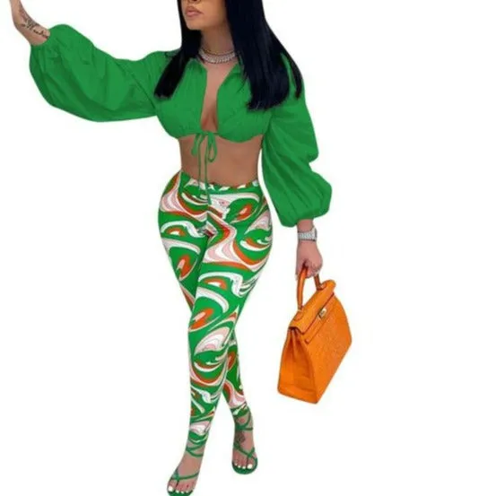 V Lace-Up Lantern Sleeve Crop Shirt Leggings Suit