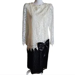 Vintage 80s After Dark Midi Dress Size 12 White Black Floral Lace Drop Waist Bow