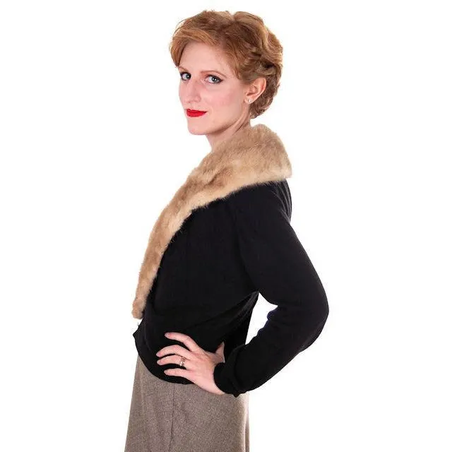 Vintage Black Cashmere Sweater w/Mink Collar 1950s Lg-XL