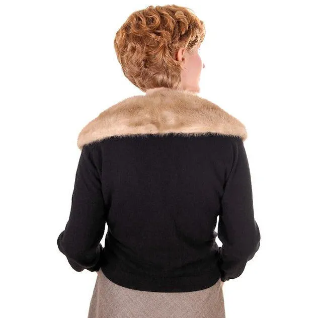 Vintage Black Cashmere Sweater w/Mink Collar 1950s Lg-XL