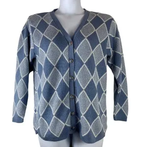 Vintage Cardigan Sweater Alfred Dunner Size Petite Medium Blue White Argyle