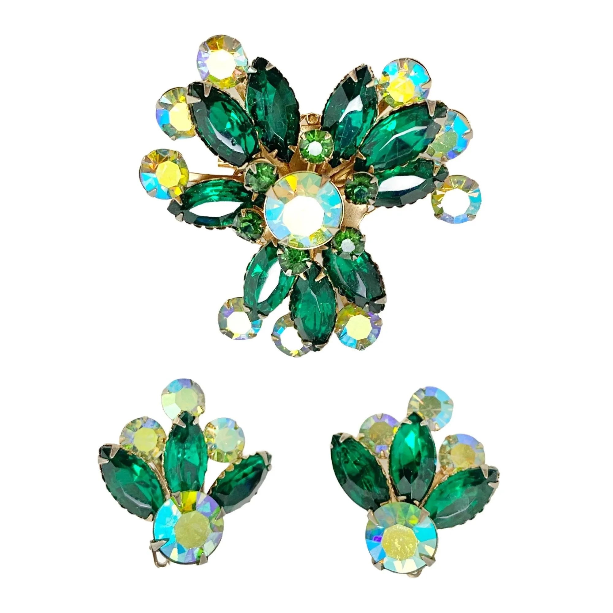 Vintage Celebrity Green Rhinestone and Aurora Borealis Earrings