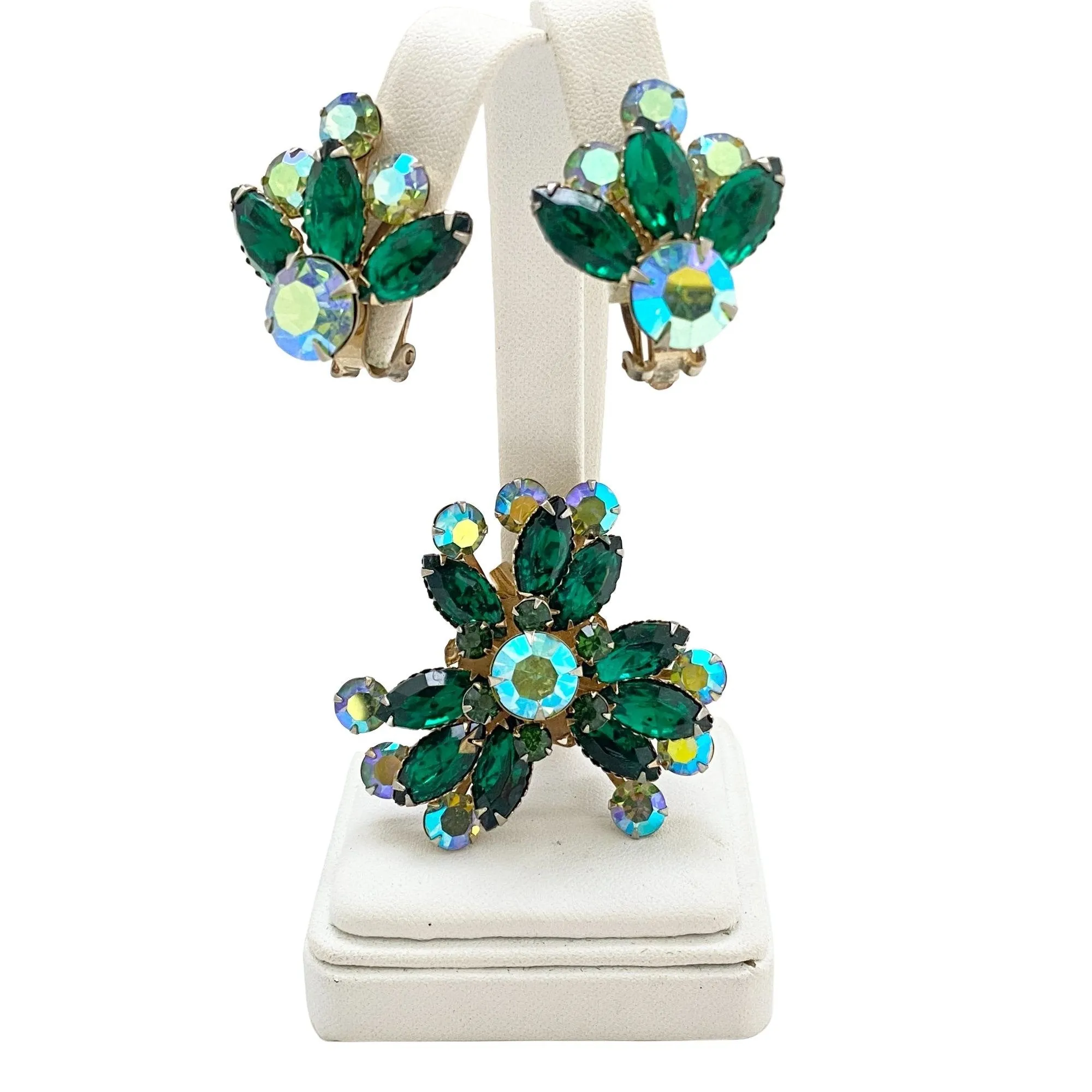 Vintage Celebrity Green Rhinestone and Aurora Borealis Earrings