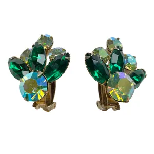 Vintage Celebrity Green Rhinestone and Aurora Borealis Earrings