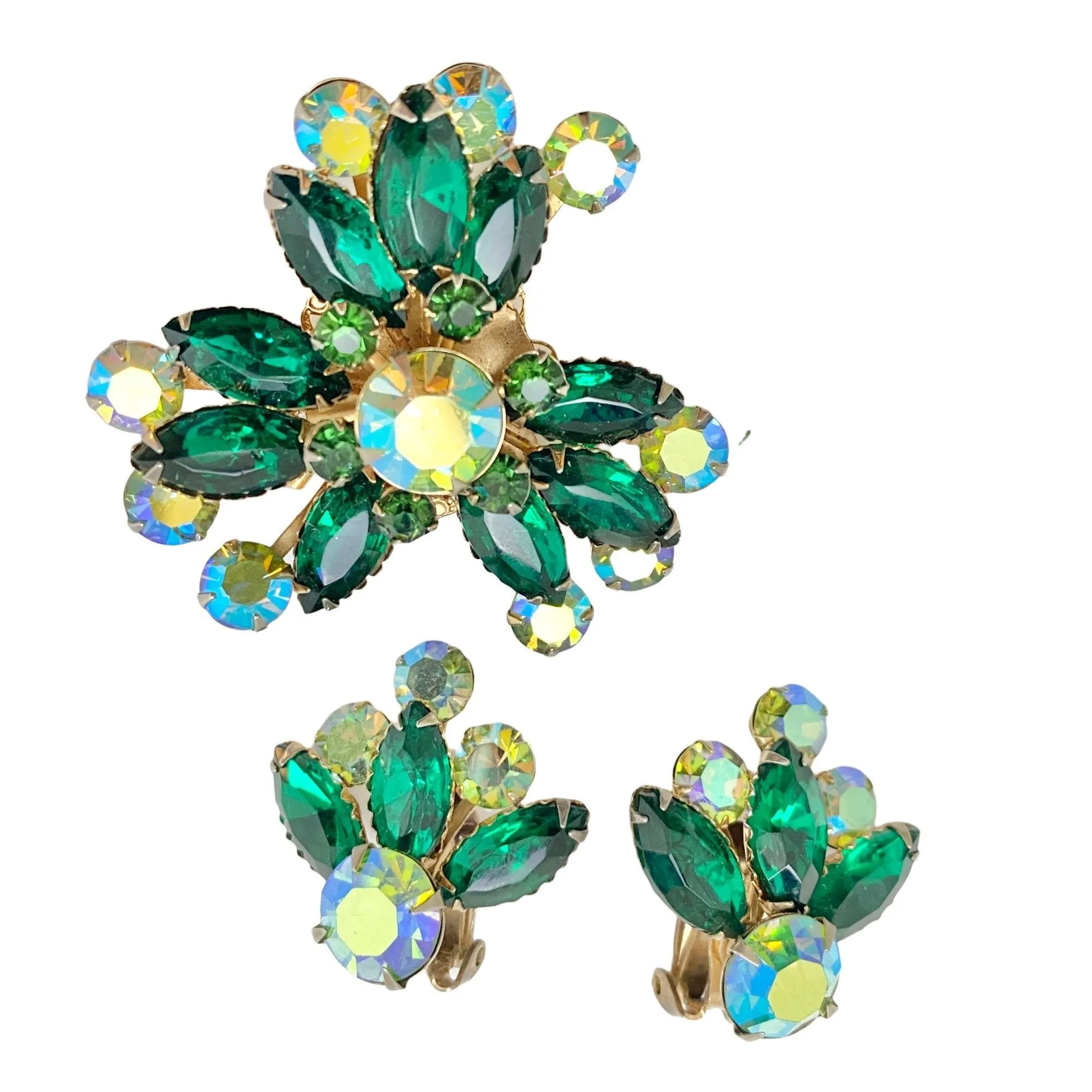 Vintage Celebrity Green Rhinestone and Aurora Borealis Earrings