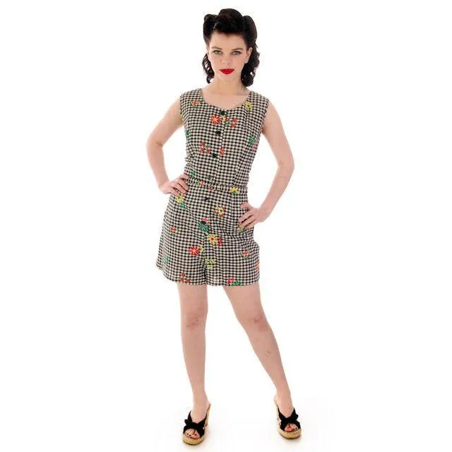 Vintage Cotton 2 PC Playsuit/Skirt Black & White Gingham  & Flowers 1940s 38-29-41