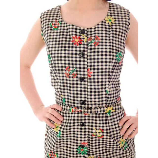 Vintage Cotton 2 PC Playsuit/Skirt Black & White Gingham  & Flowers 1940s 38-29-41