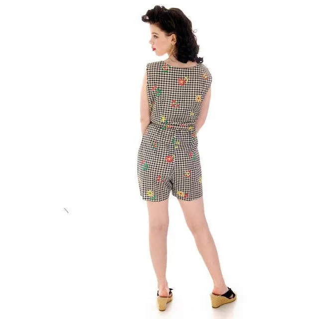 Vintage Cotton 2 PC Playsuit/Skirt Black & White Gingham  & Flowers 1940s 38-29-41
