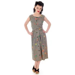 Vintage Cotton 2 PC Playsuit/Skirt Black & White Gingham  & Flowers 1940s 38-29-41