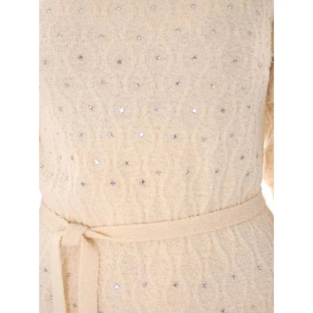 Vintage Cream Wool Knit Rhinestone Studded Dress Grace Taylor 1950s 36-30-38