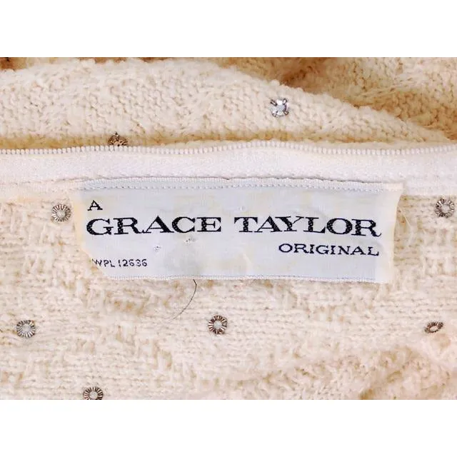 Vintage Cream Wool Knit Rhinestone Studded Dress Grace Taylor 1950s 36-30-38