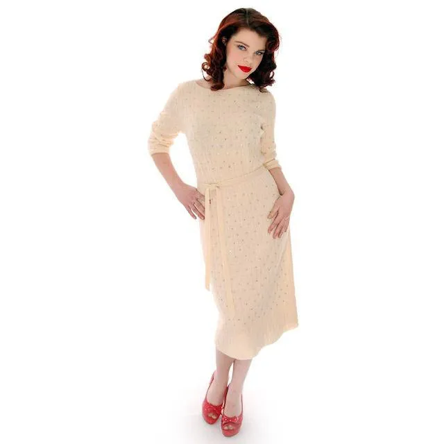 Vintage Cream Wool Knit Rhinestone Studded Dress Grace Taylor 1950s 36-30-38
