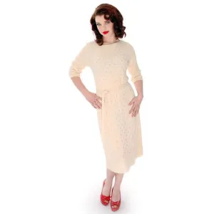 Vintage Cream Wool Knit Rhinestone Studded Dress Grace Taylor 1950s 36-30-38