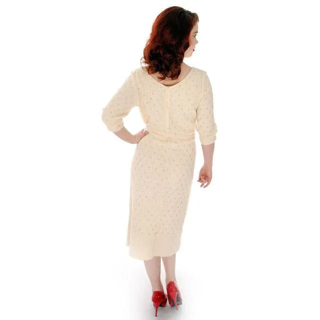 Vintage Cream Wool Knit Rhinestone Studded Dress Grace Taylor 1950s 36-30-38