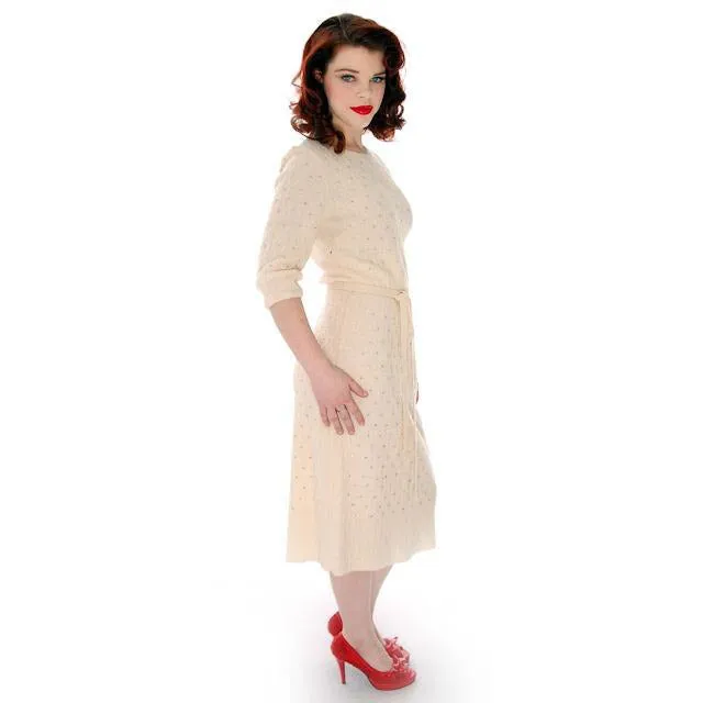 Vintage Cream Wool Knit Rhinestone Studded Dress Grace Taylor 1950s 36-30-38