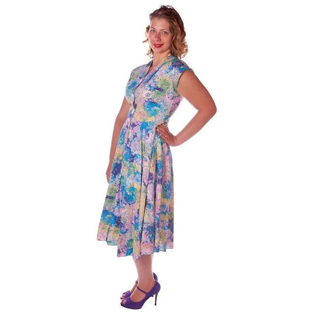 Vintage Day Dress Pastel Printed  Cotton Full Skirt 1950s Sz 12