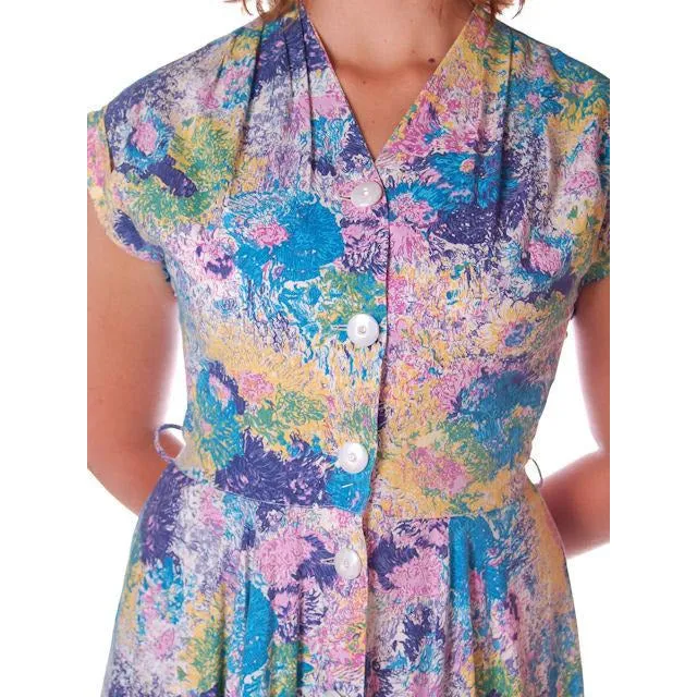Vintage Day Dress Pastel Printed  Cotton Full Skirt 1950s Sz 12