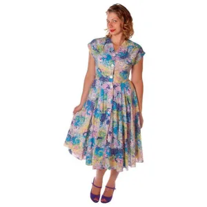 Vintage Day Dress Pastel Printed  Cotton Full Skirt 1950s Sz 12