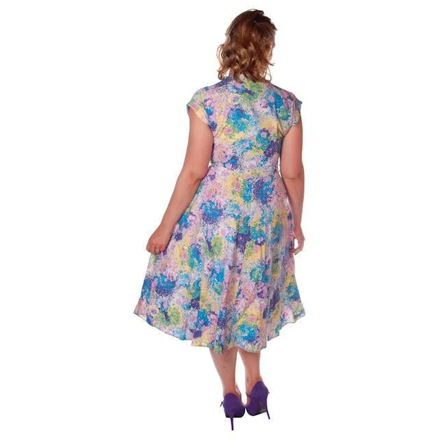 Vintage Day Dress Pastel Printed  Cotton Full Skirt 1950s Sz 12