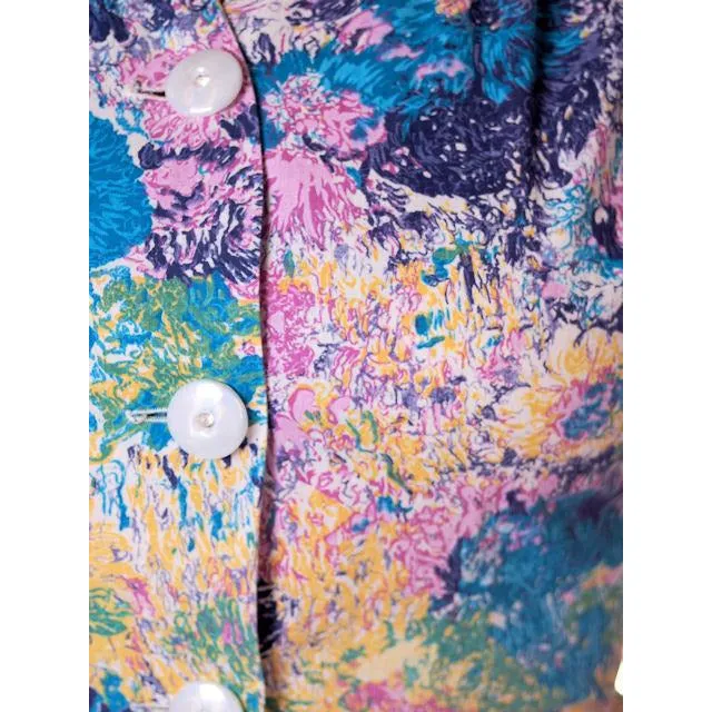 Vintage Day Dress Pastel Printed  Cotton Full Skirt 1950s Sz 12