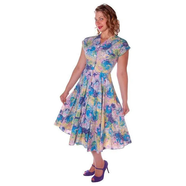 Vintage Day Dress Pastel Printed  Cotton Full Skirt 1950s Sz 12