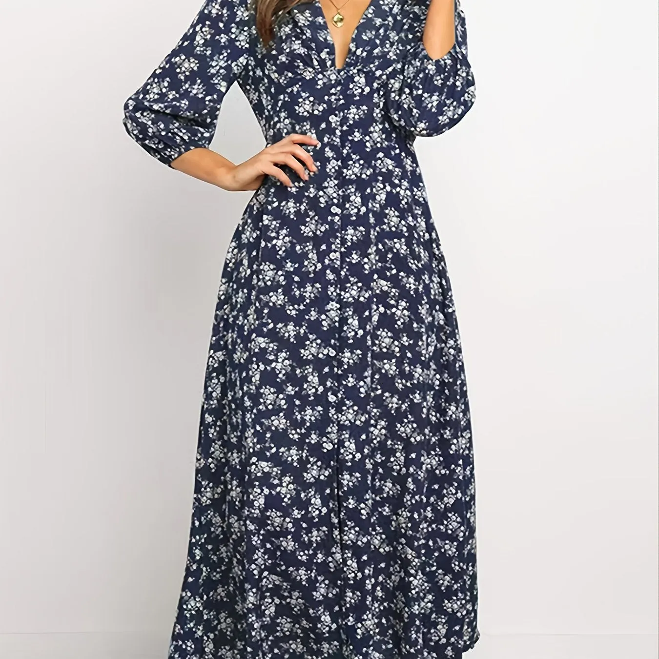 Vintage Ditsy Floral Lantern Long Sleeve Dress