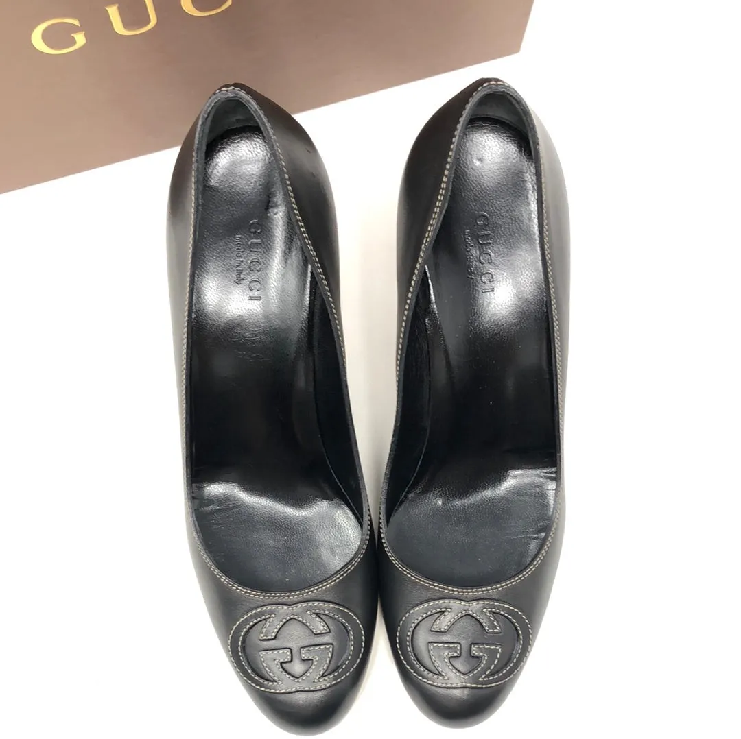 VINTAGE: GUCCI Black Leather Logo heel