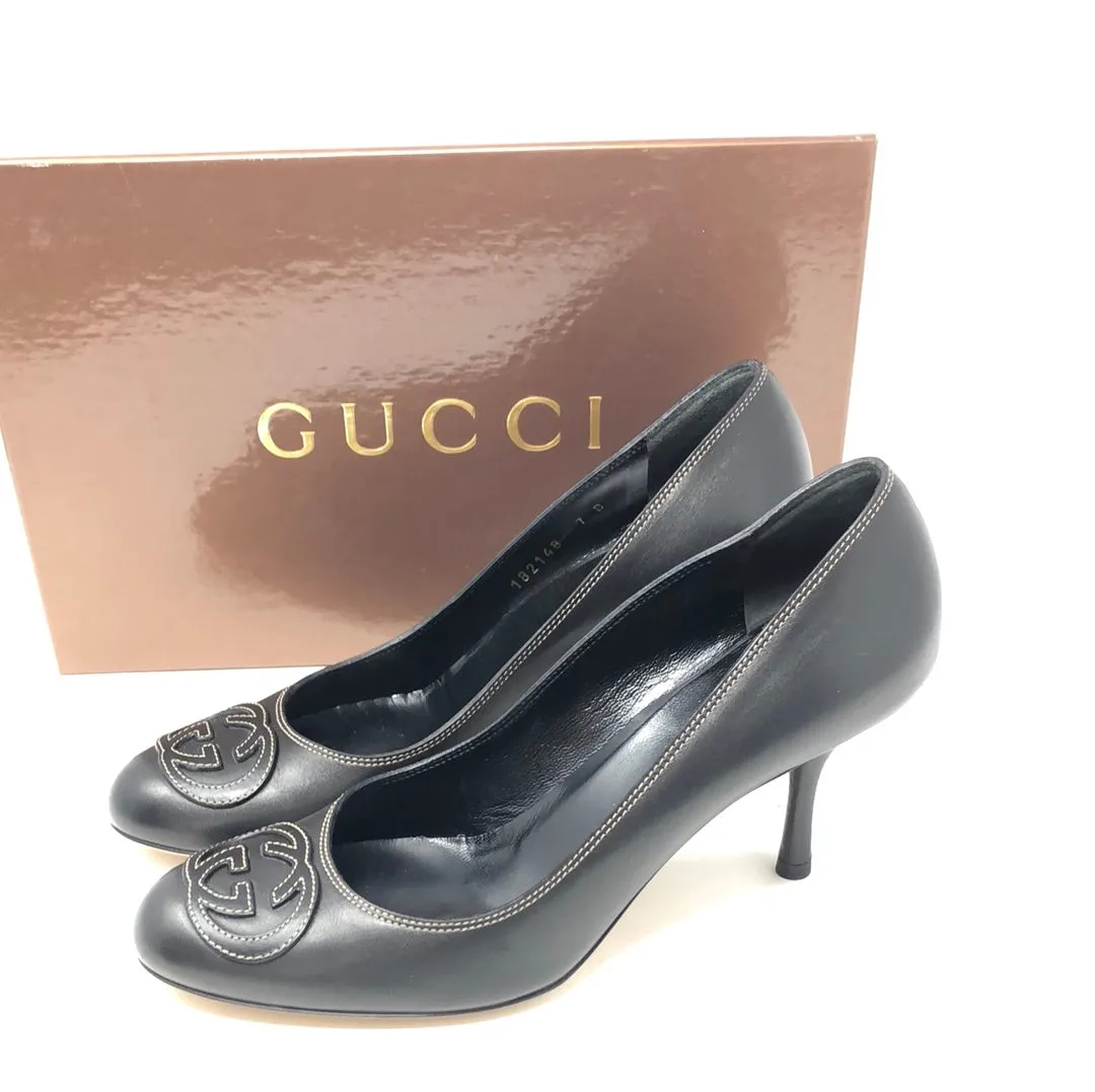 VINTAGE: GUCCI Black Leather Logo heel