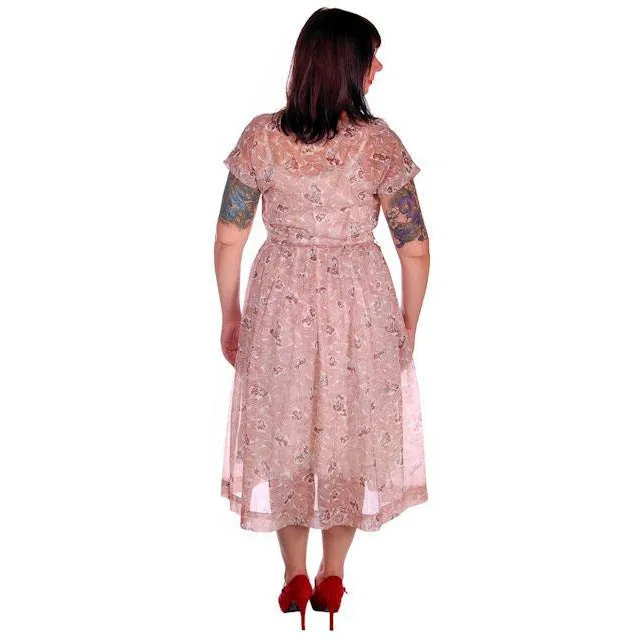 Vintage House Dress Sheer Nylon Plisse Print Brown & White Toni Todd 1950s 38-30-Free