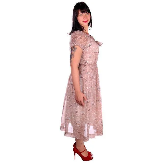 Vintage House Dress Sheer Nylon Plisse Print Brown & White Toni Todd 1950s 38-30-Free